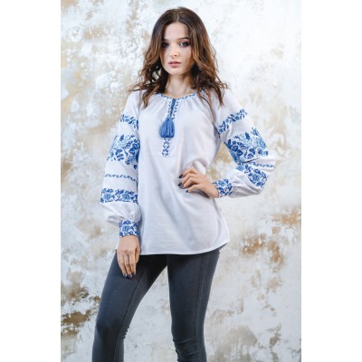 Embroidered blouse "Journey of Rose" Blue on White